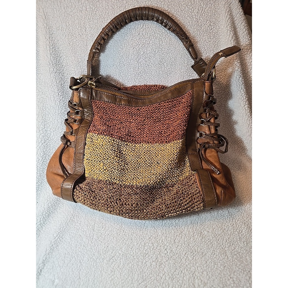Olivia Harris Leather Purse Woven Boho Artisan Earthy Brown Yellow‎ Shoulder Bag